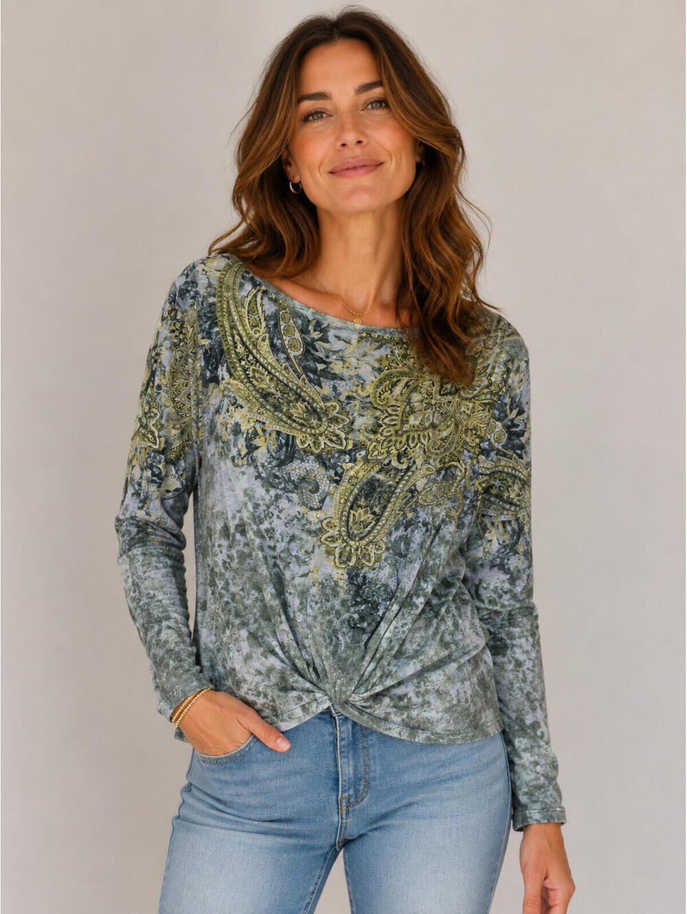 Time & True Green Pullover Top Knotted Front Size XL (16-18)
